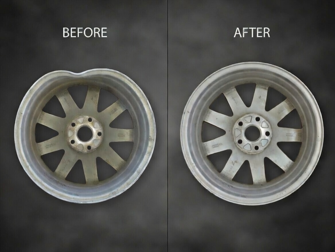 Before and after wheel straightening repair – bent alloy wheel fixed in Twin Cities MN